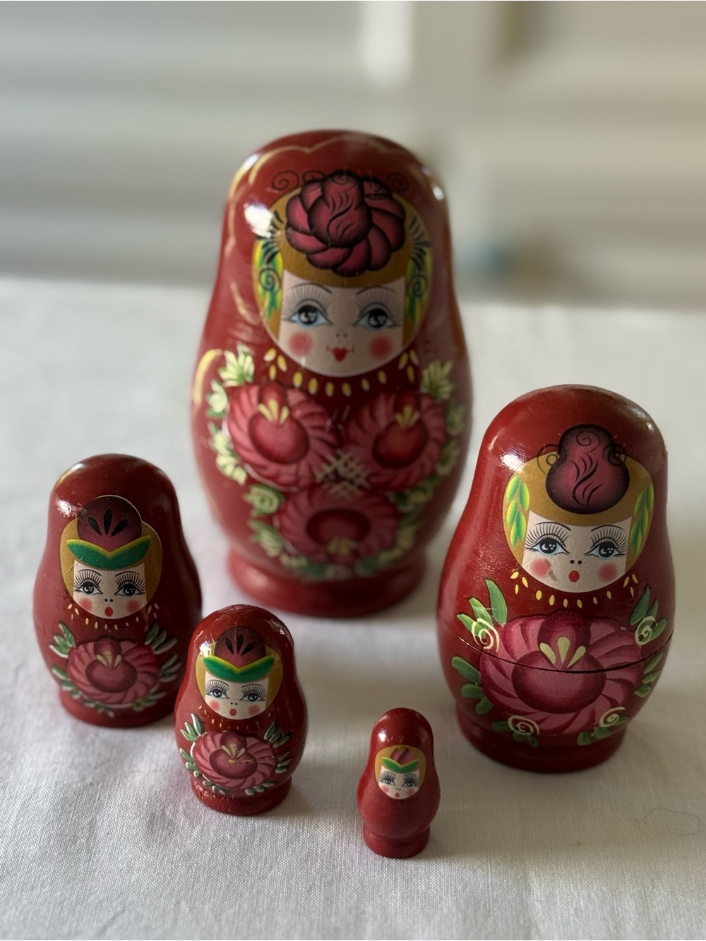 Vintage Russian Matryoshka Nesting Dolls Set of 5 | Hand Painted Red Floral